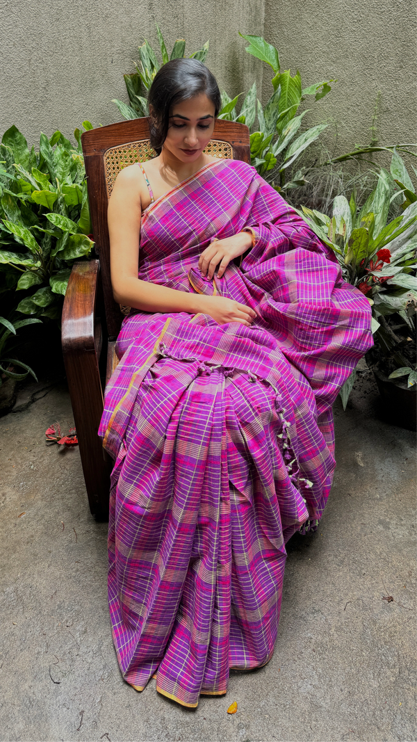 Purple Multicolour Checks Handloom Cotton Saree