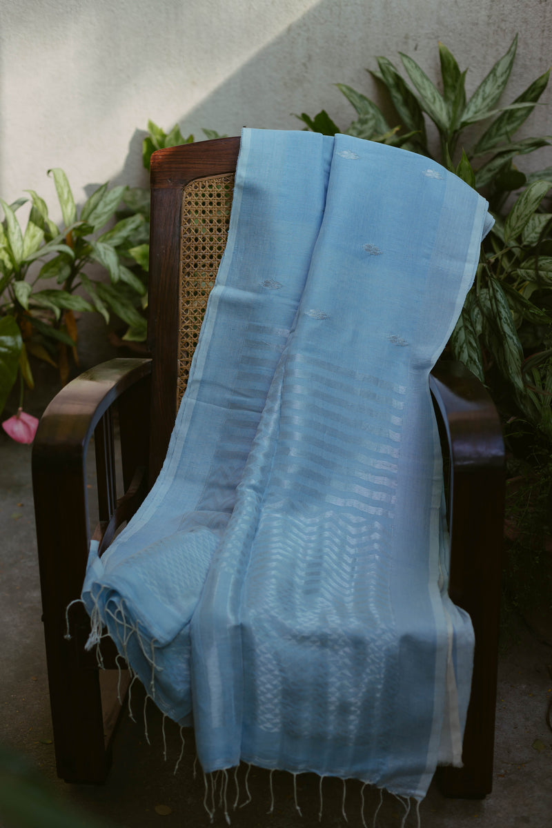 Baby Blue & Silver - Handloom Linen Jamdani Saree