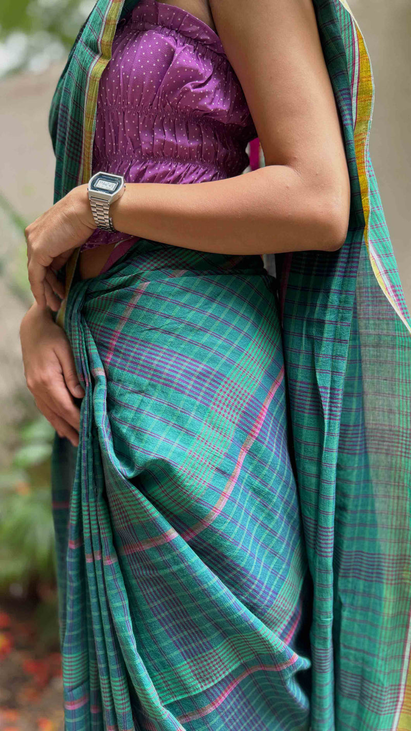Green & Blue Checks Handloom Cotton Saree