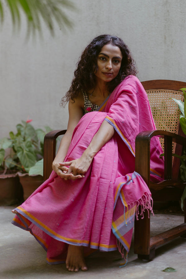 Bright Pink & Blue Hearts - Handloom Cotton Jamdani  Saree