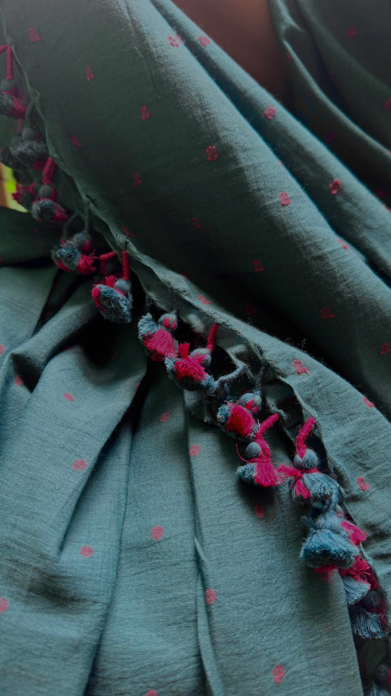Green & Red Dots - Handloom Cotton Jamdani Saree