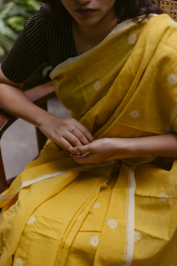 Yellow & White - Handloom Cotton Jamdani Saree