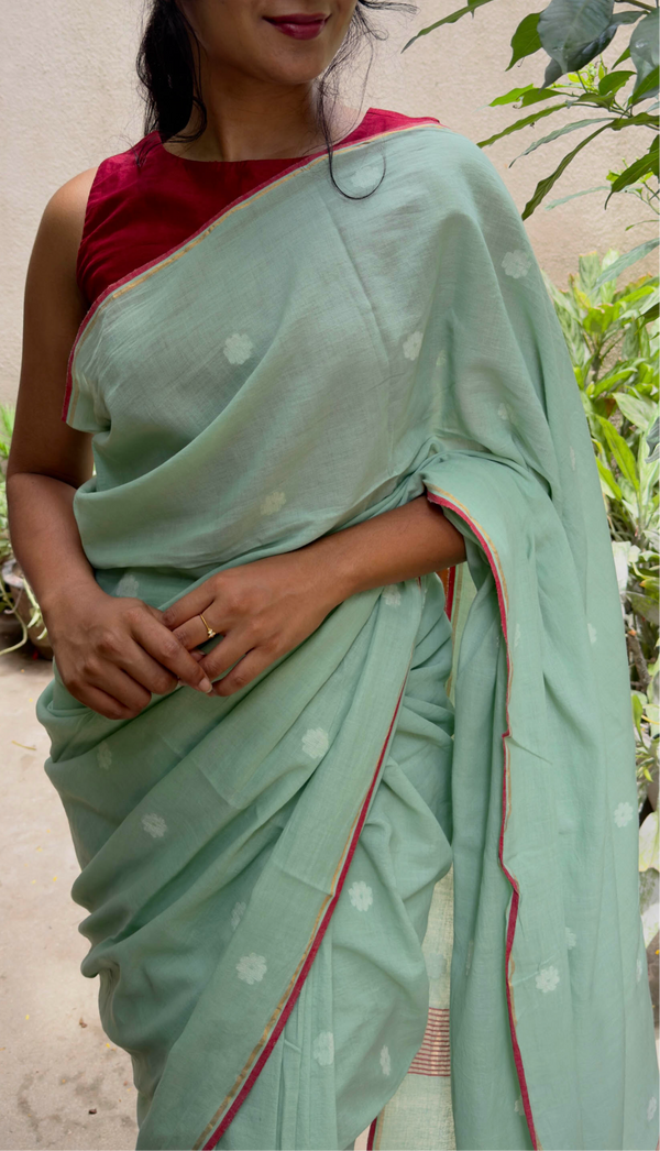 Pastel Green & White Floral - Handloom Cotton Jamdani Saree