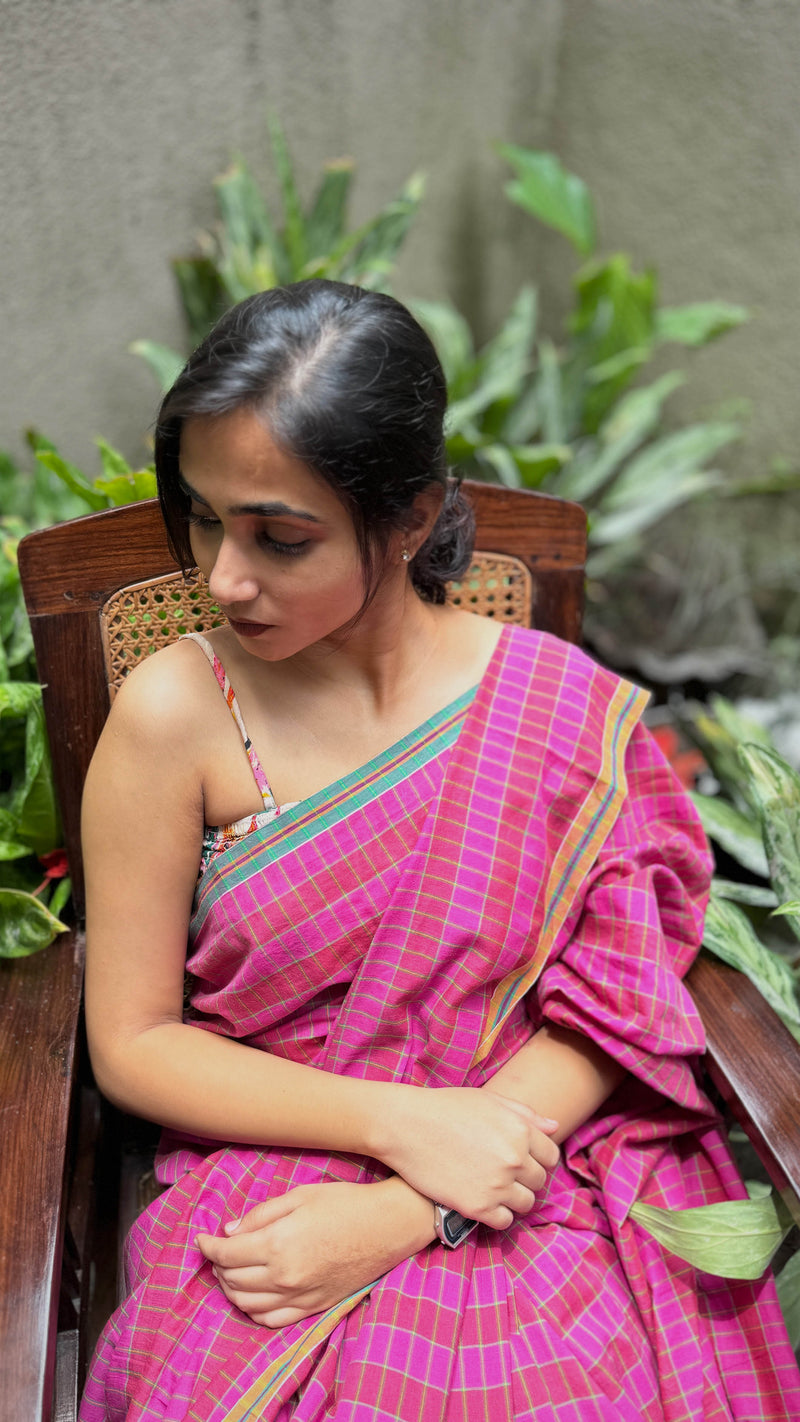 Pink & Green Checks Handloom Cotton Saree