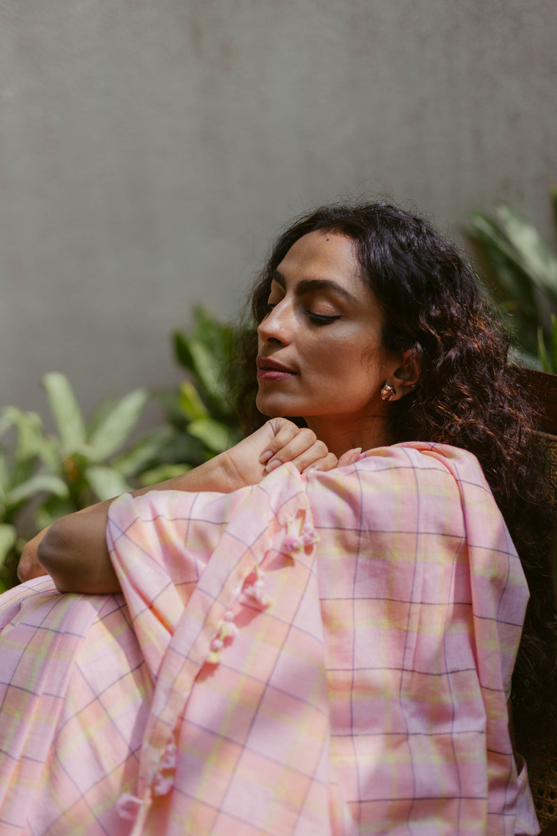 Peach, Lemon Yellow Checks Handloom Cotton Saree