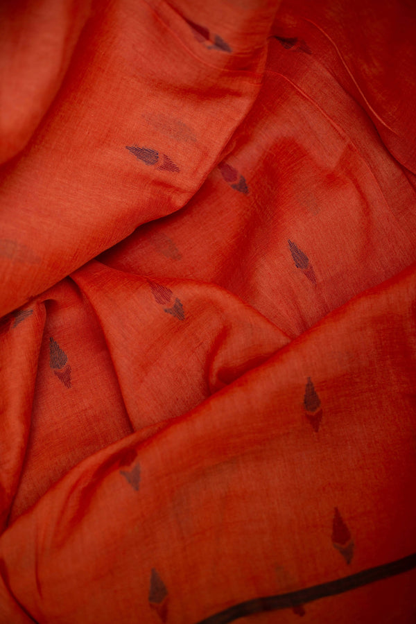 Red Orange & Burgundy - Handloom Linen Jamdani Saree