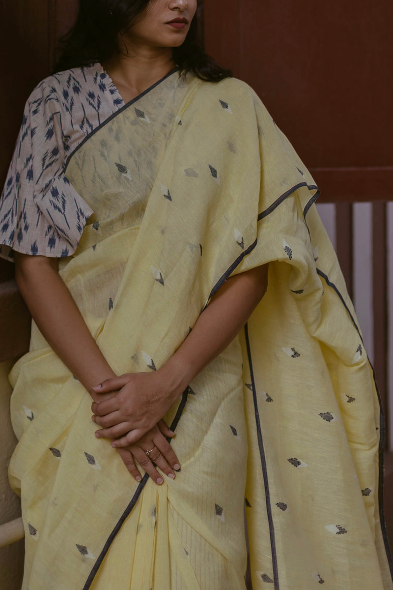 Lemon Yellow - Handloom Linen Jamdani Saree