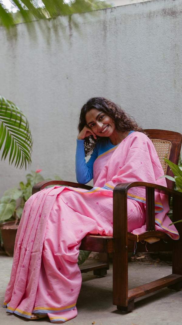 Pink Hearts - Handloom Cotton Jamdani Saree