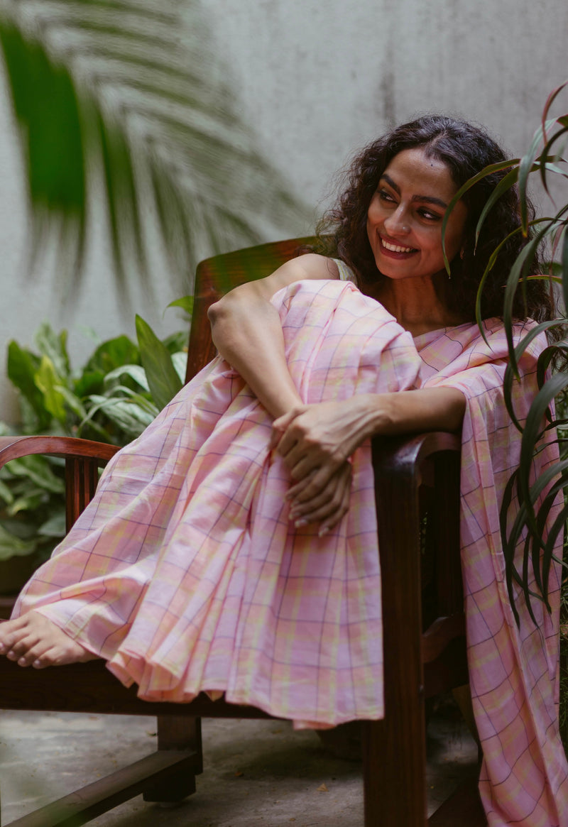 Peach, Lemon Yellow Checks Handloom Cotton Saree