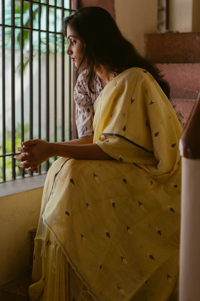 Lemon Yellow - Handloom Linen Jamdani Saree
