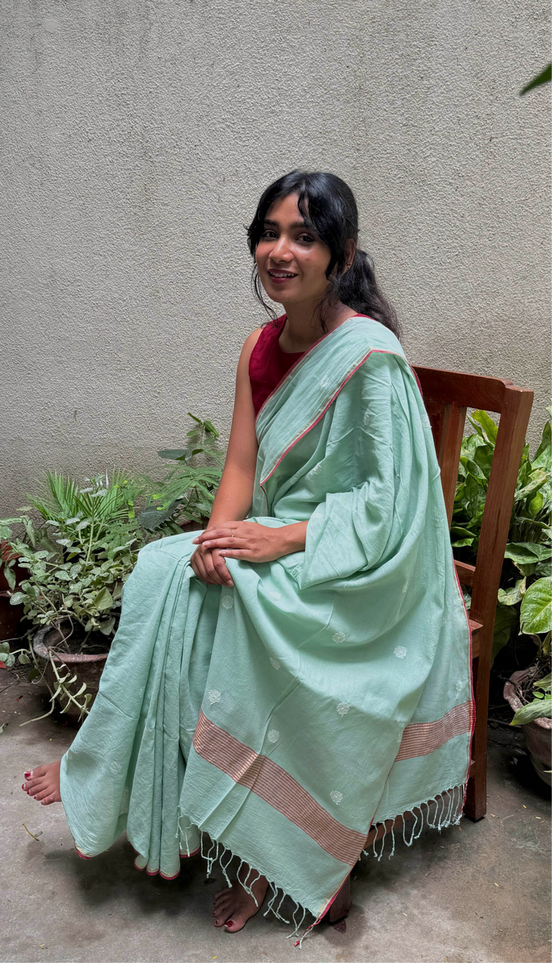 Pastel Green & White Floral - Handloom Cotton Jamdani Saree