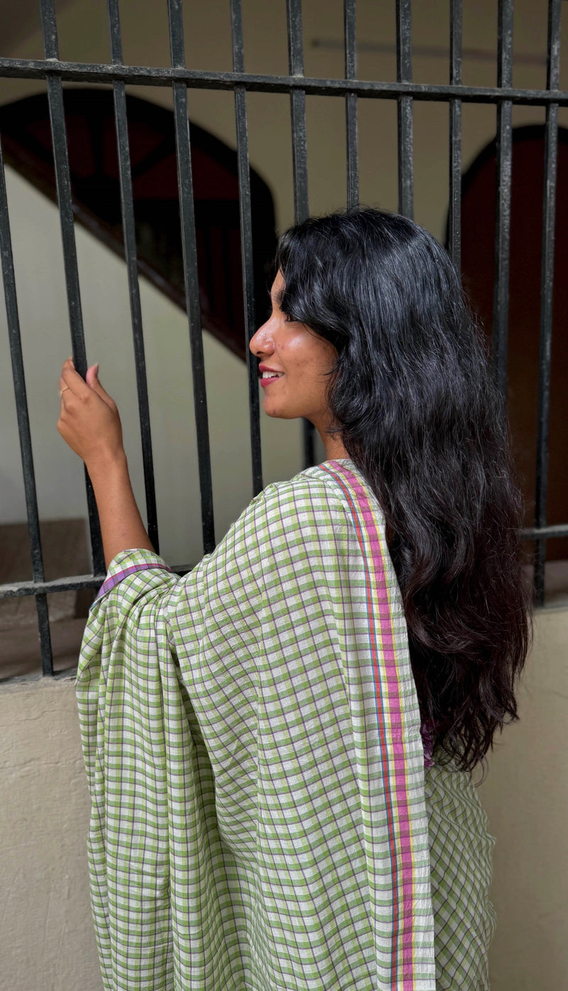 Light Green & Purple Checks Handloom Cotton Saree
