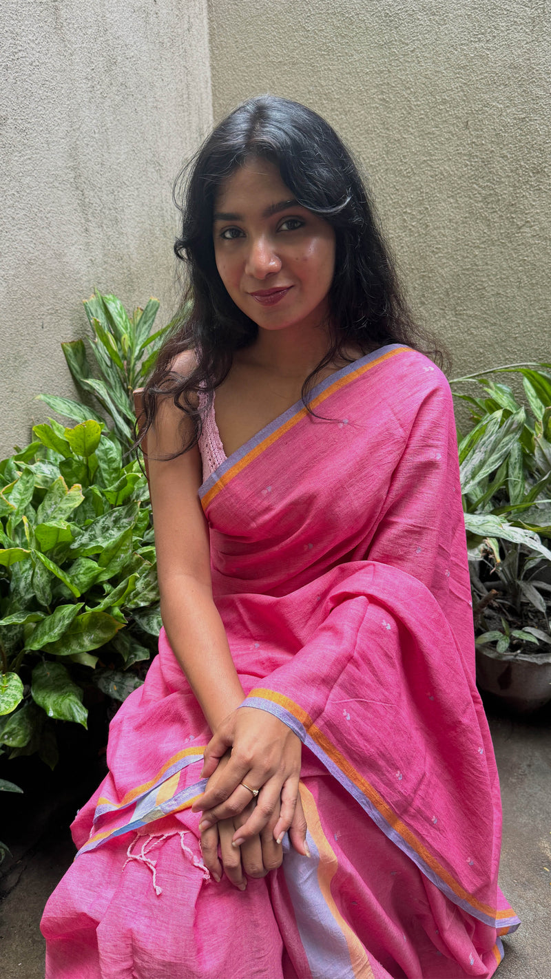 Bright Pink & Blue Hearts - Handloom Cotton Jamdani  Saree