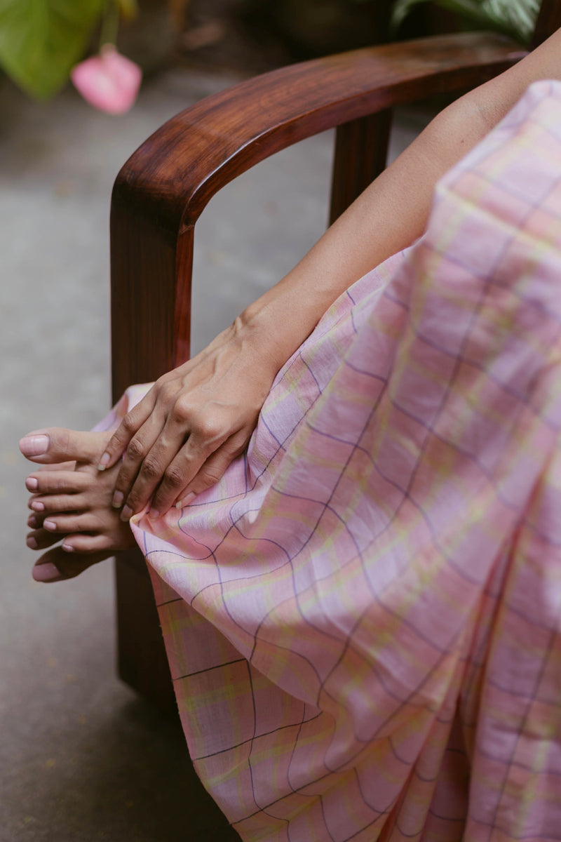Peach, Lemon Yellow Checks Handloom Cotton Saree