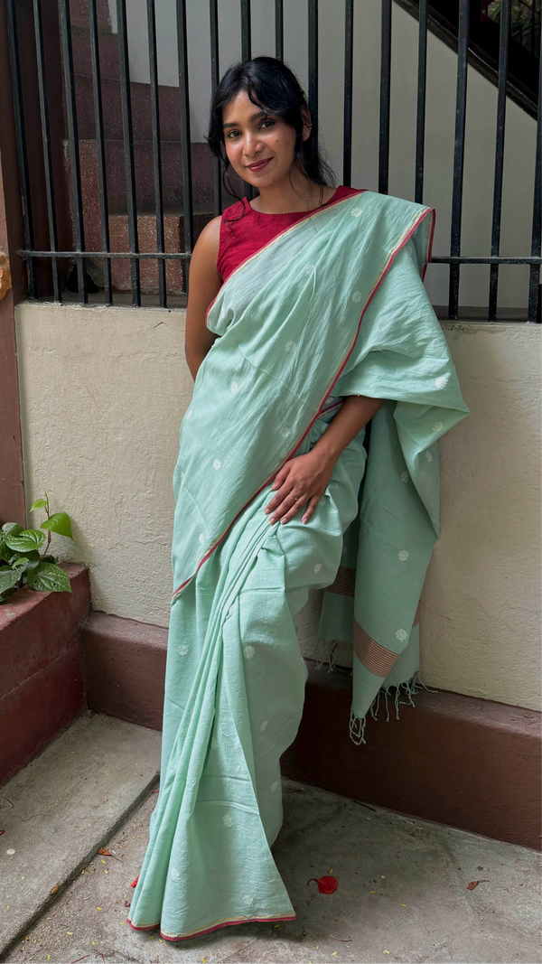 Pastel Green & White Floral - Handloom Cotton Jamdani Saree
