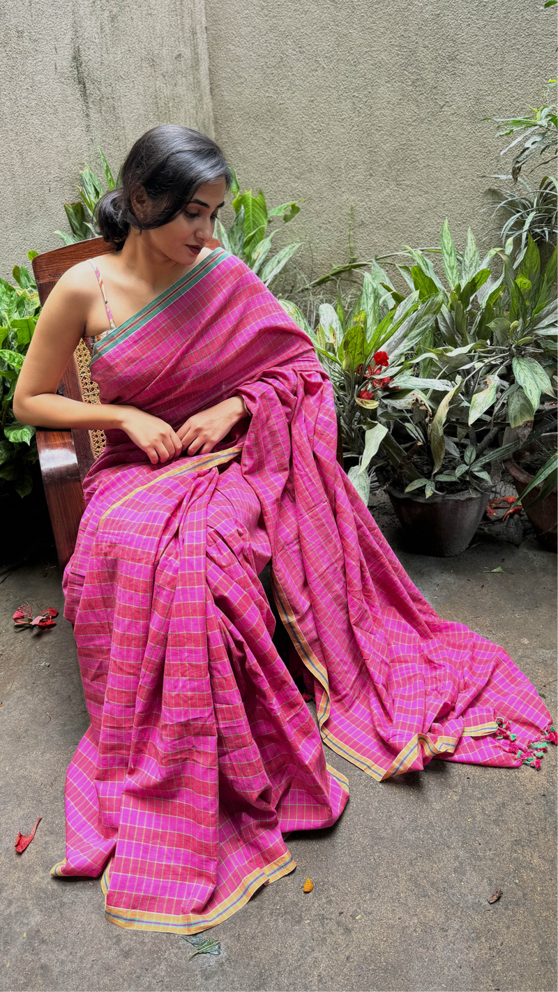 Pink & Green Checks Handloom Cotton Saree
