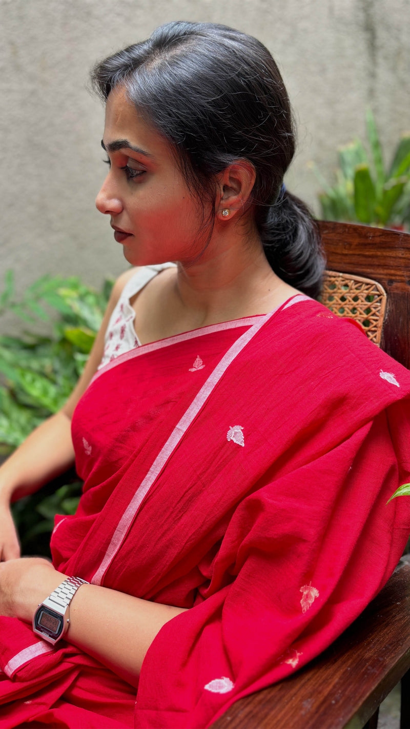 Red & White Floral - Handloom Cotton Jamdani Saree