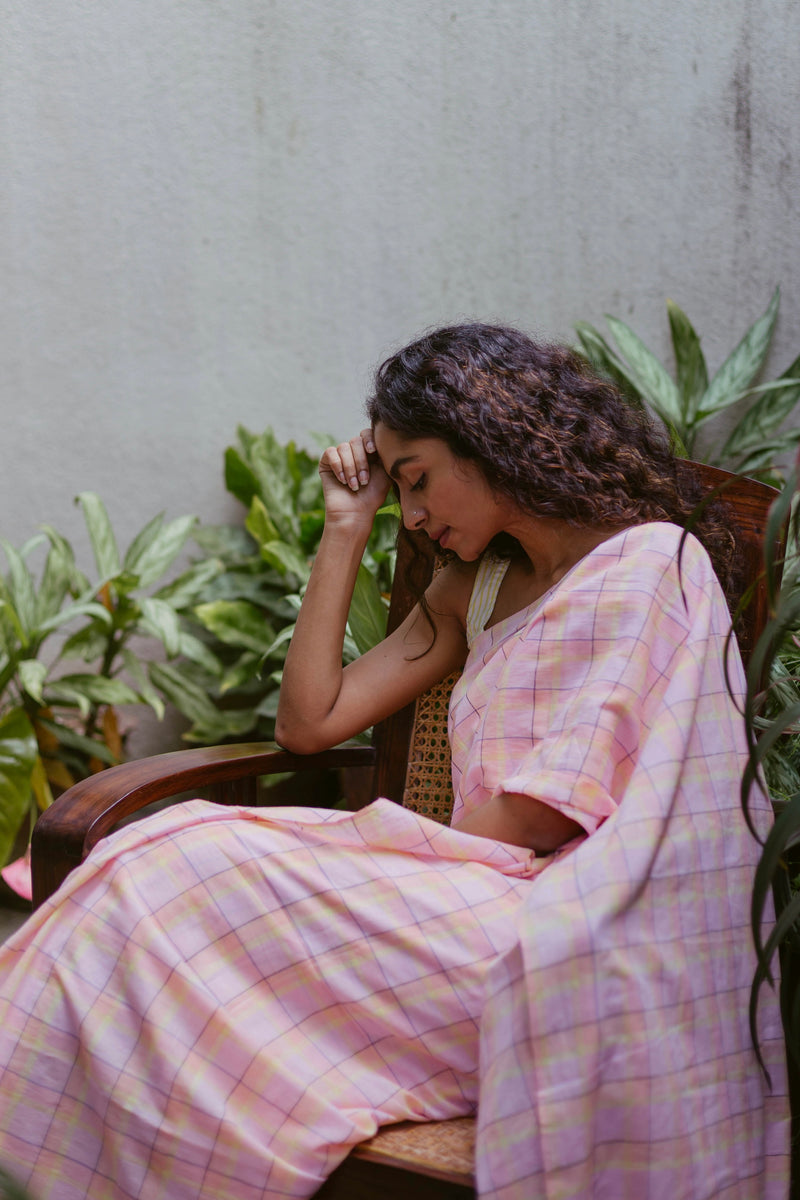 Peach, Lemon Yellow Checks Handloom Cotton Saree
