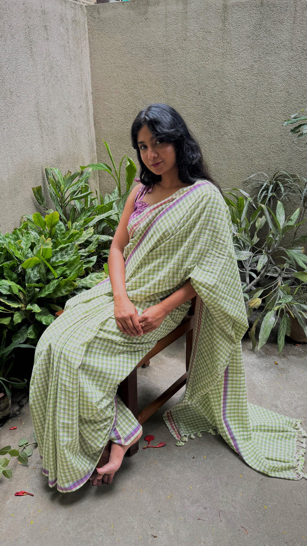 Light Green & Purple Checks Handloom Cotton Saree