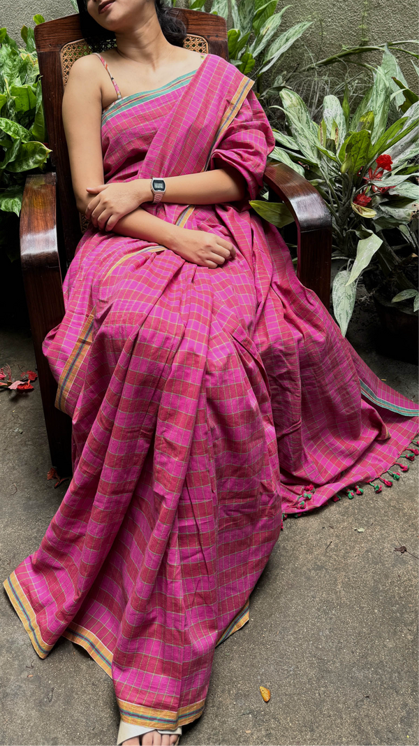 Pink & Green Checks Handloom Cotton Saree