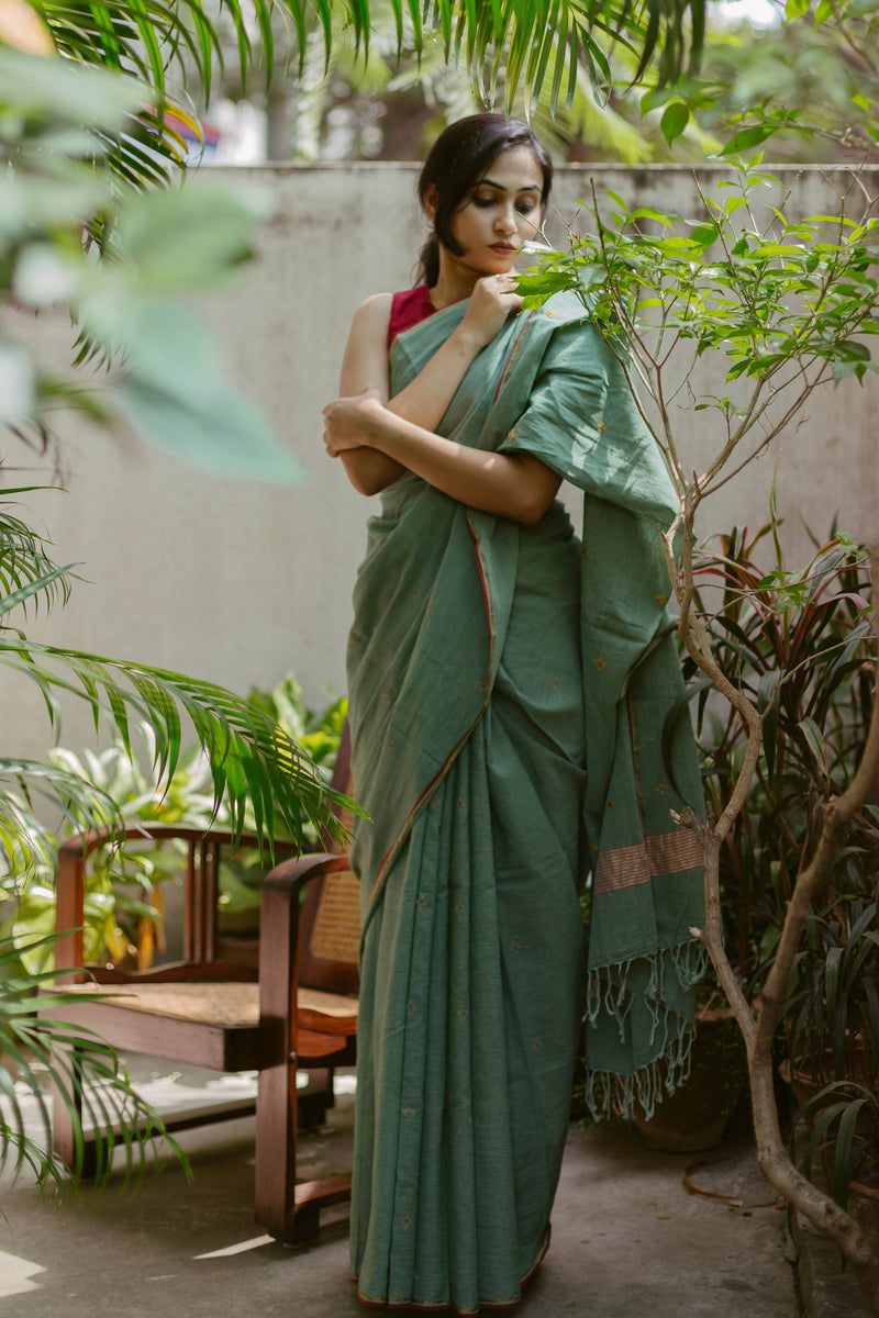 Green & Red - Handloom Cotton Jamdani Saree