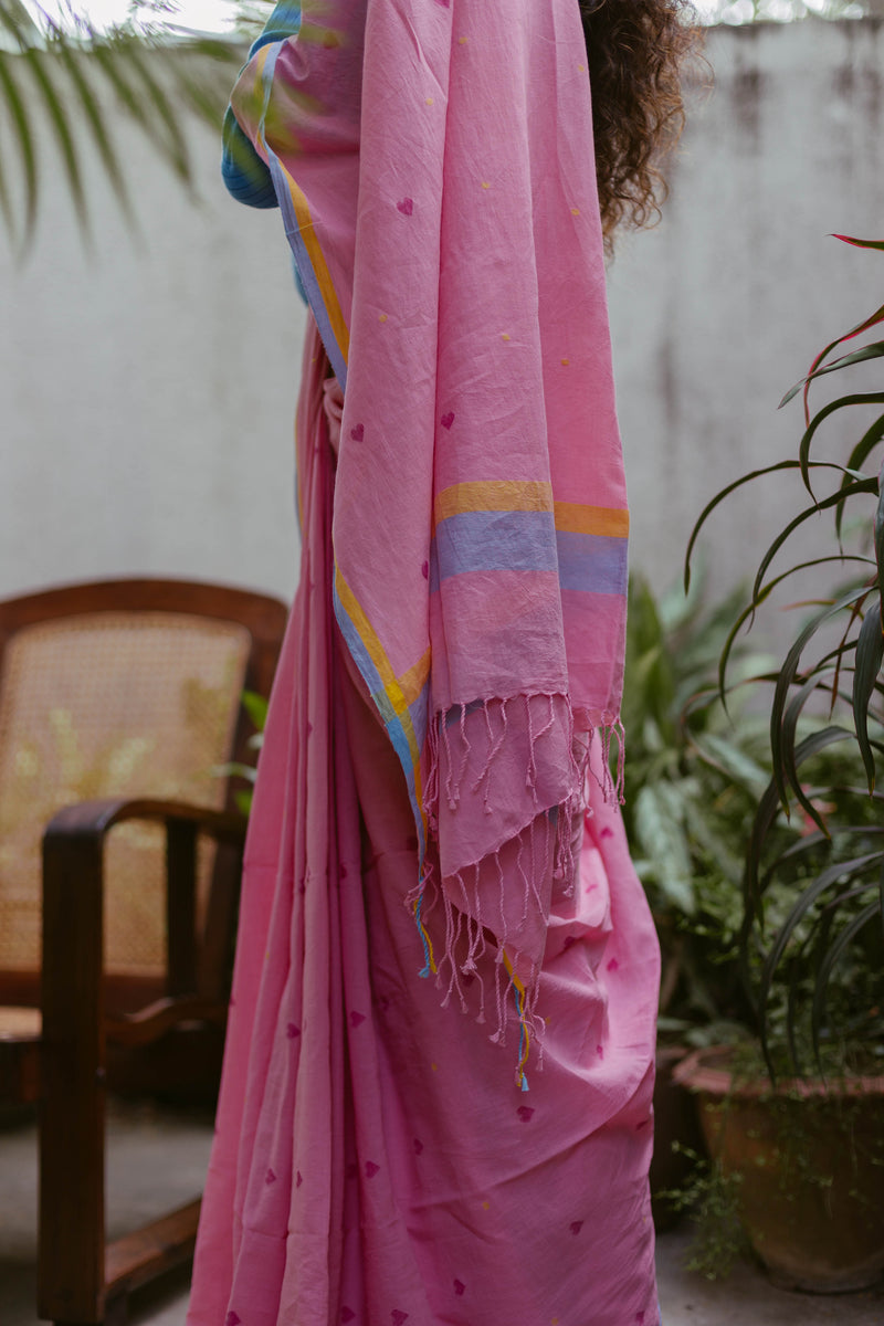 Pink Hearts - Handloom Cotton Jamdani Saree
