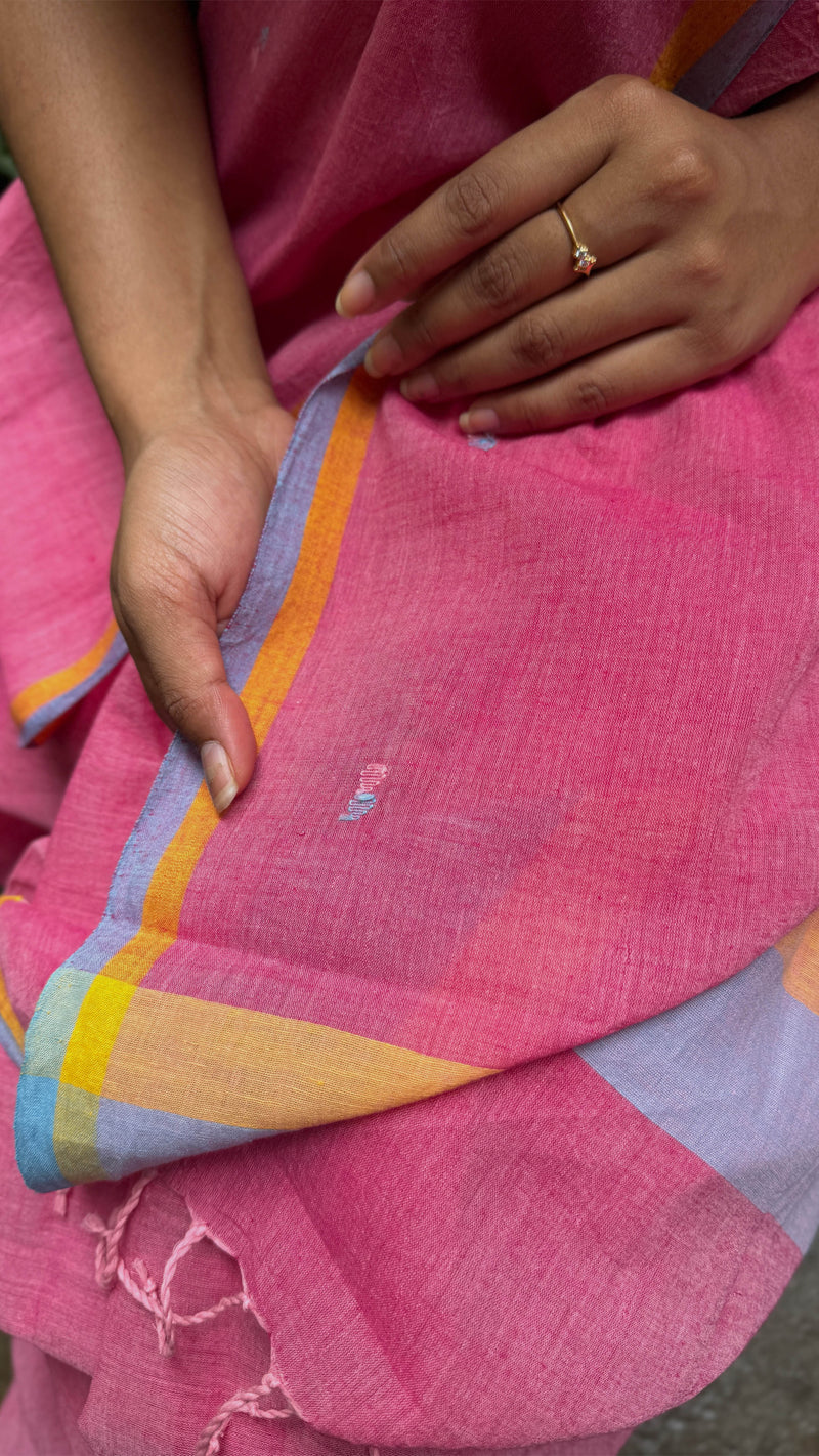 Bright Pink & Blue Hearts - Handloom Cotton Jamdani  Saree