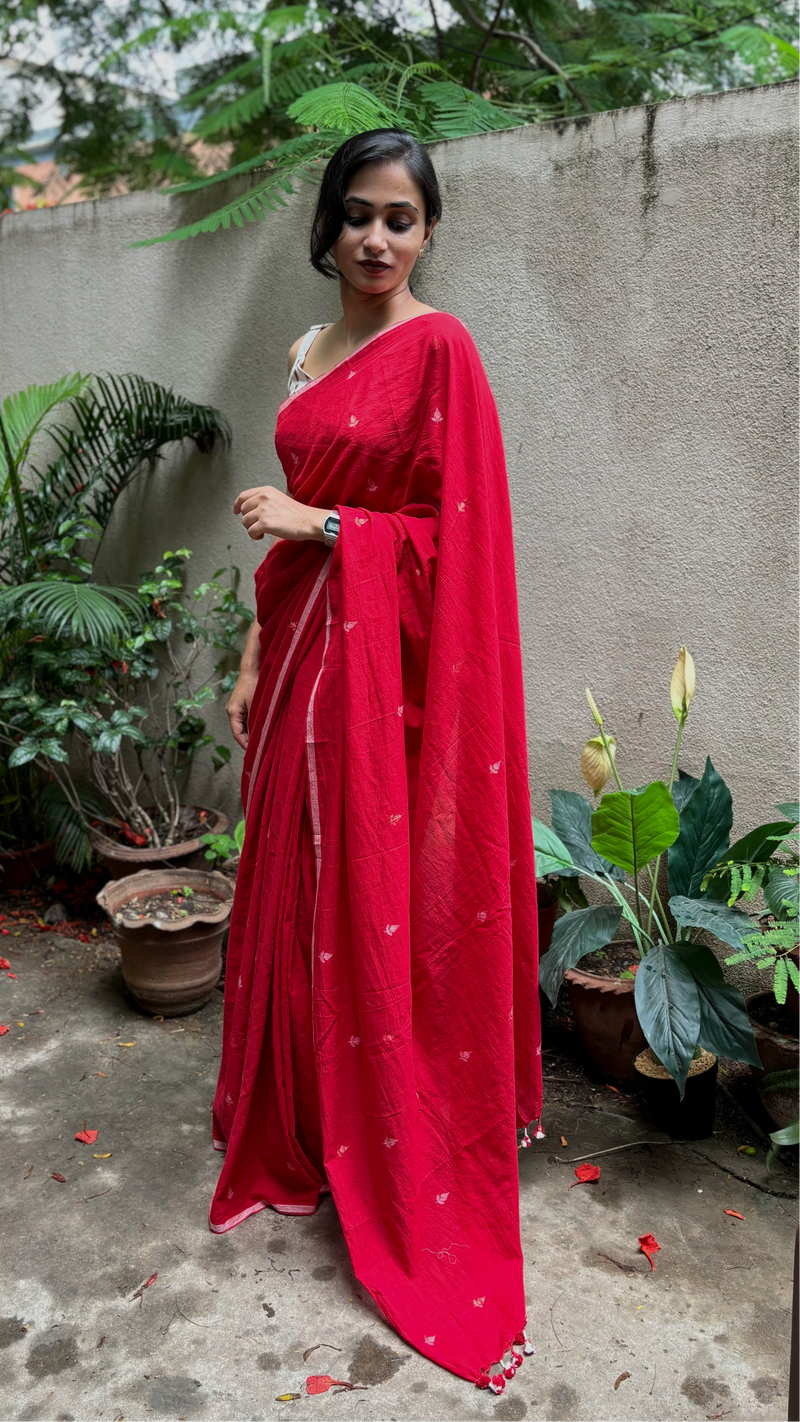 Red & White Floral - Handloom Cotton Jamdani Saree