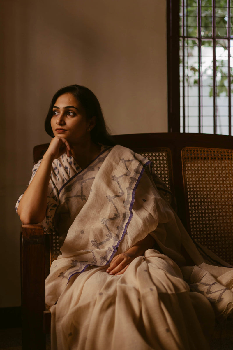 Beige & Indigo - Handloom Linen Jamdani Saree