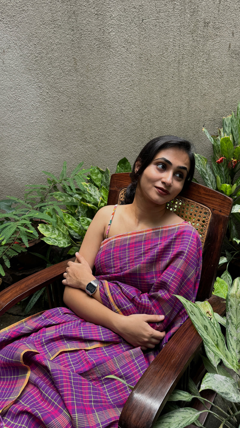Purple Multicolour Checks Handloom Cotton Saree
