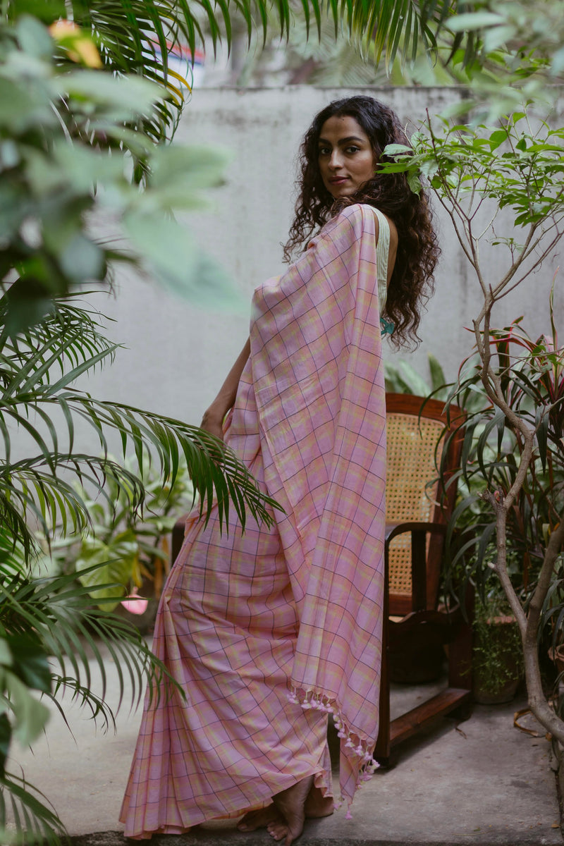 Peach, Lemon Yellow Checks Handloom Cotton Saree