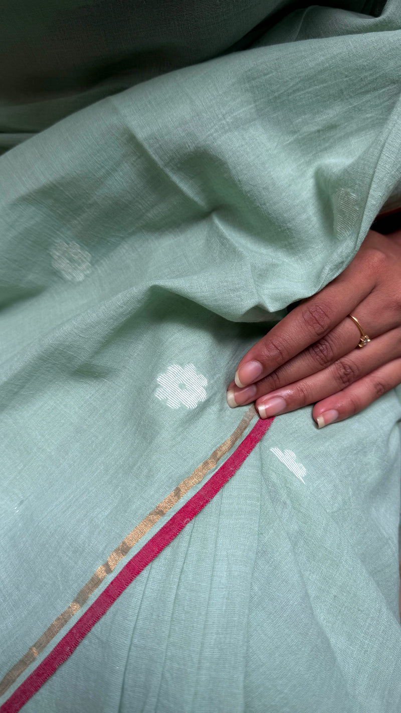 Pastel Green & White Floral - Handloom Cotton Jamdani Saree