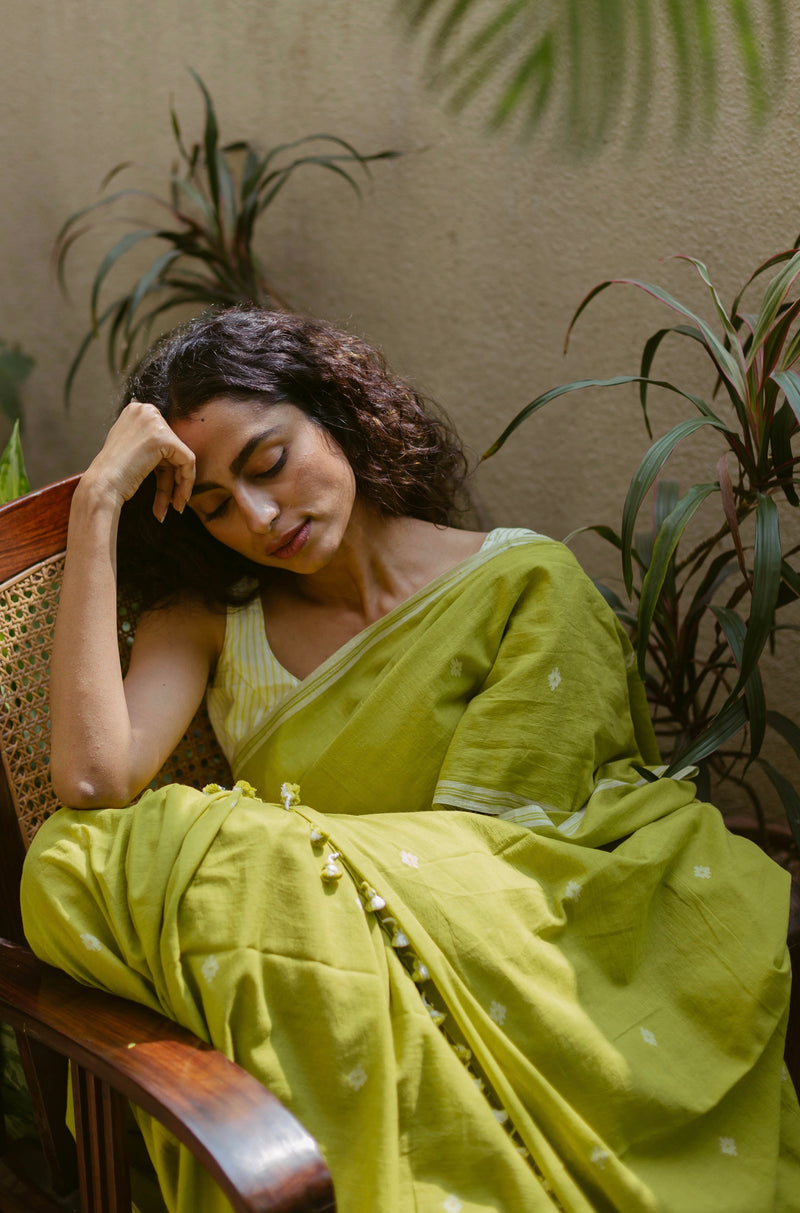 Lime Green & White -Handloom Cotton Jamdani Saree