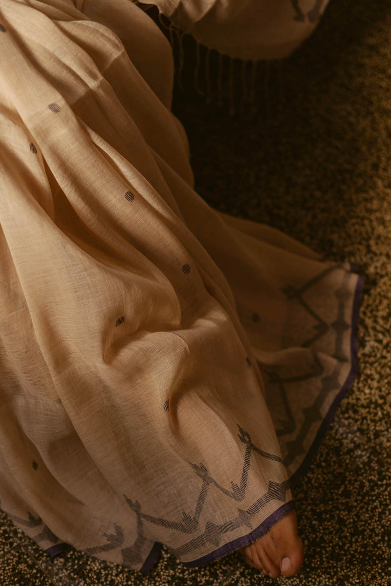 Beige & Indigo - Handloom Linen Jamdani Saree