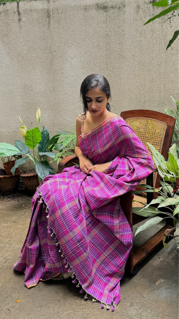Purple Multicolour Checks Handloom Cotton Saree