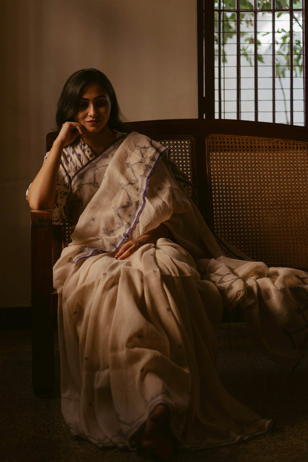 Beige & Indigo - Handloom Linen Jamdani Saree