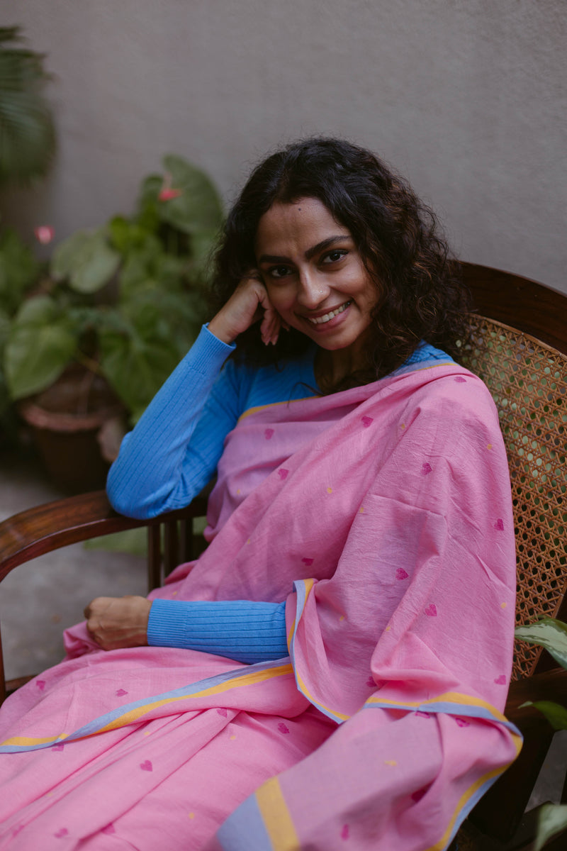 Pink Hearts - Handloom Cotton Jamdani Saree