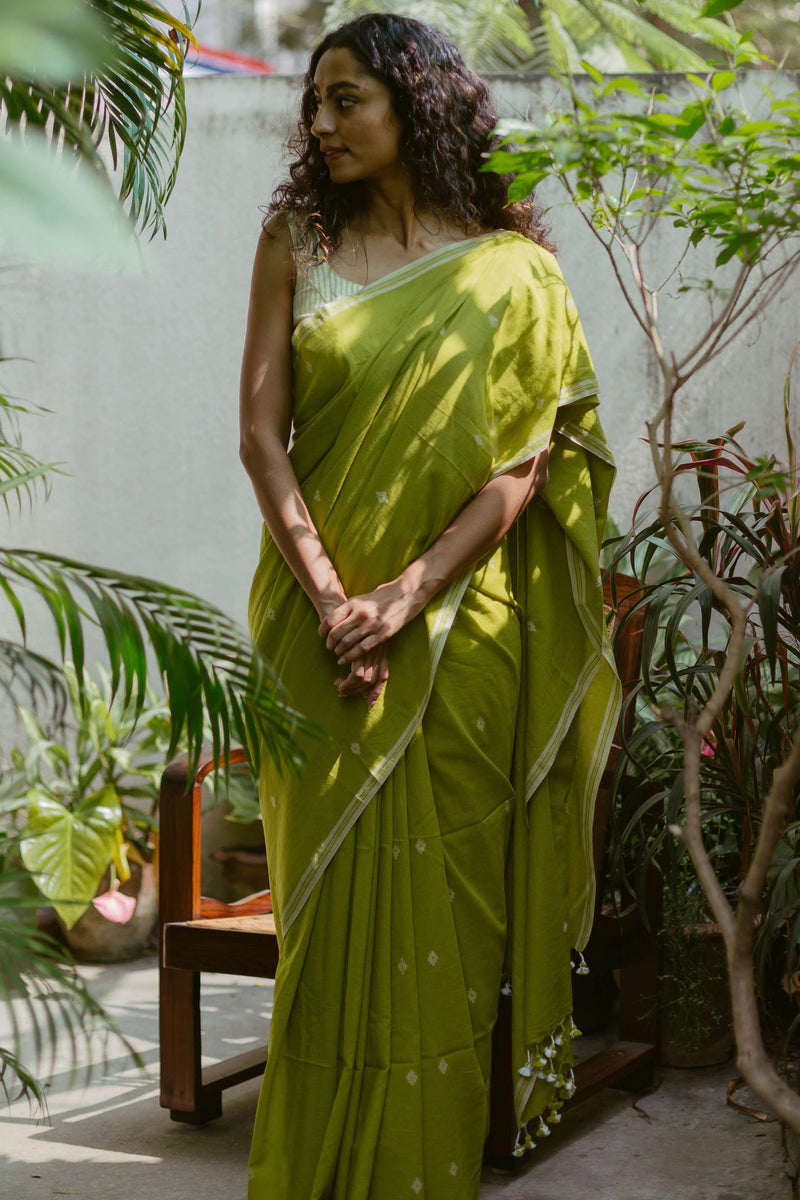 Lime Green & White -Handloom Cotton Jamdani Saree