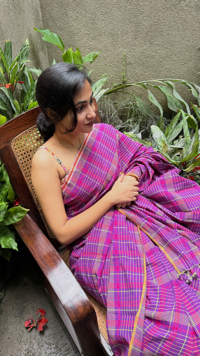 Purple Multicolour Checks Handloom Cotton Saree