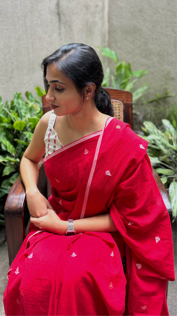 Red & White Floral - Handloom Cotton Jamdani Saree