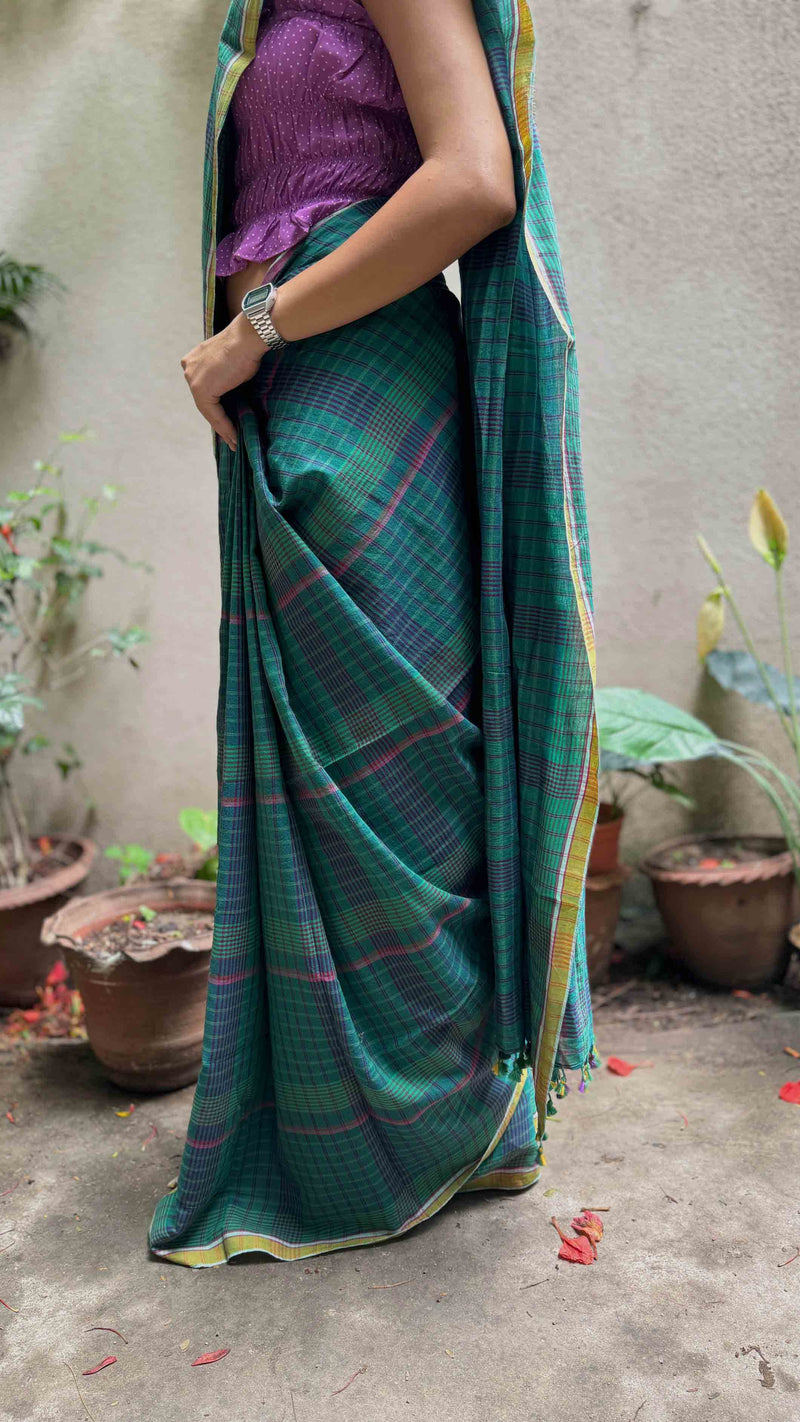 Green & Blue Checks Handloom Cotton Saree