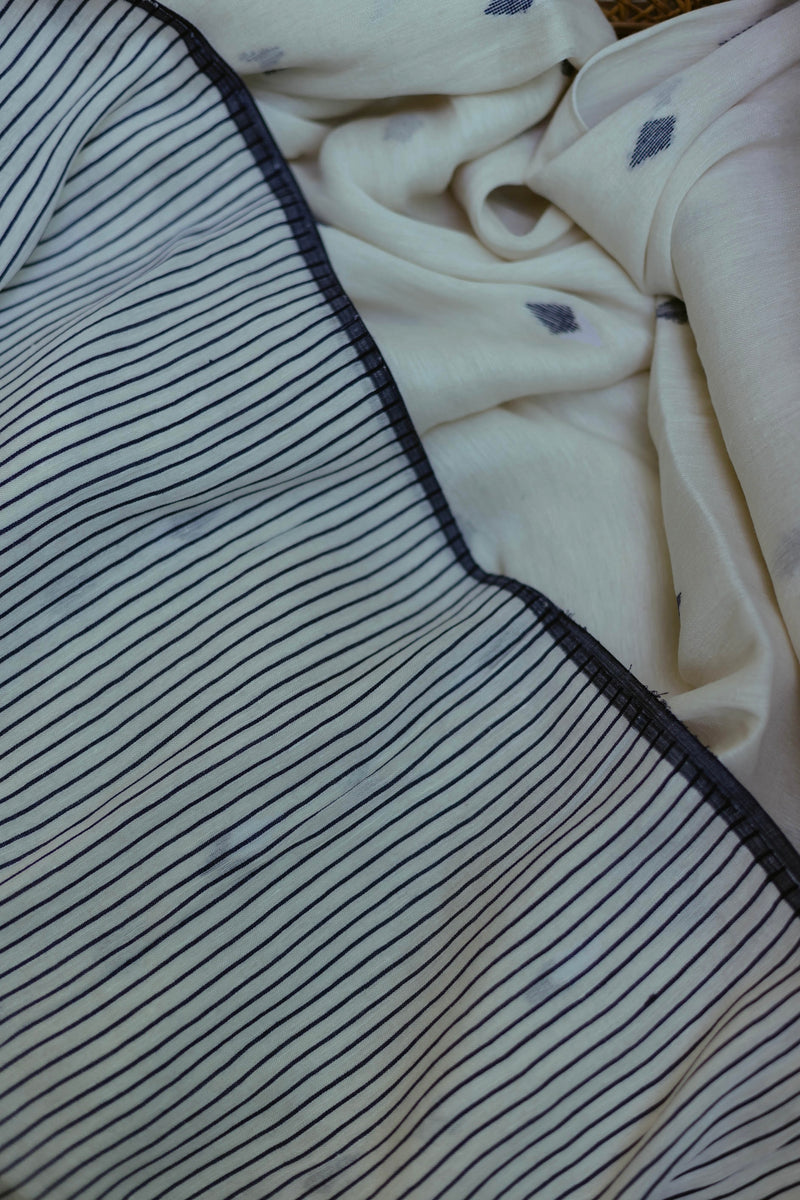White & Indigo - Handloom Linen Jamdani Saree