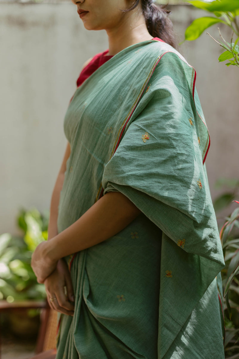 Green & Red - Handloom Cotton Jamdani Saree