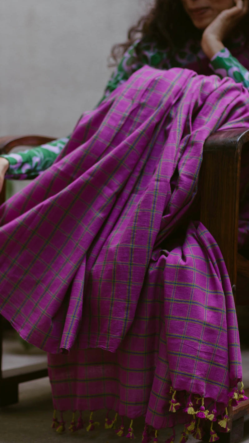 Magenta Pink & Green checks Handloom Cotton Saree