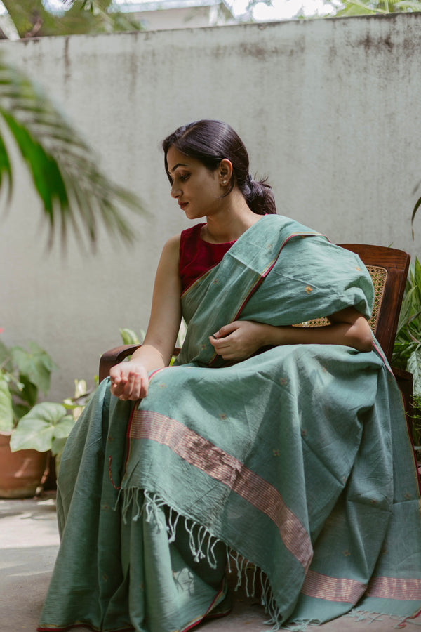 Green & Red - Handloom Cotton Jamdani Saree