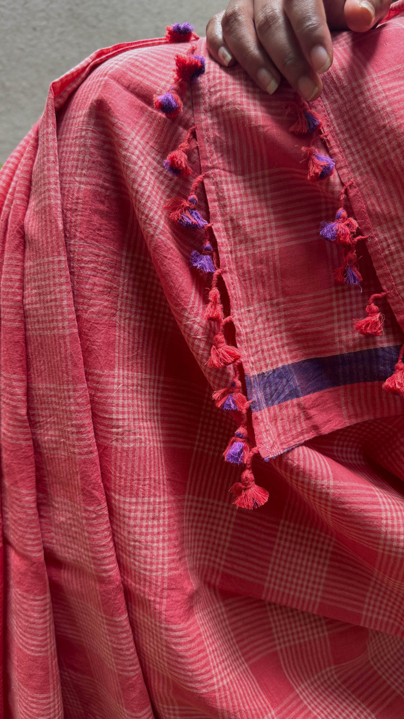 Dark Peach Checks - Handloom Cotton Saree