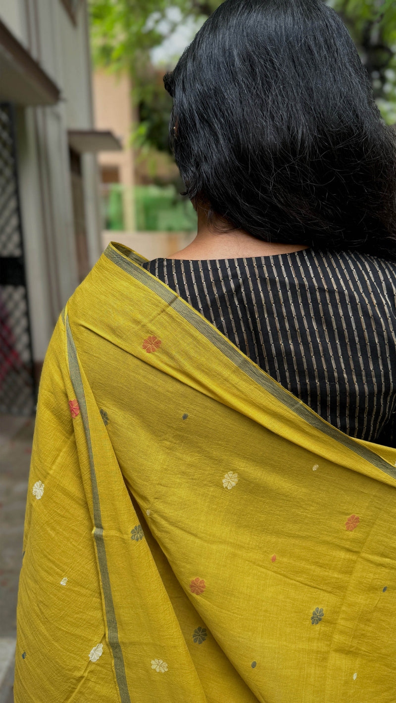 Yellow Multicolour Floral-Handloom Cotton Jamdani Saree