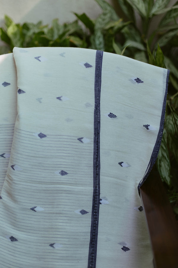 White & Indigo - Handloom Linen Jamdani Saree