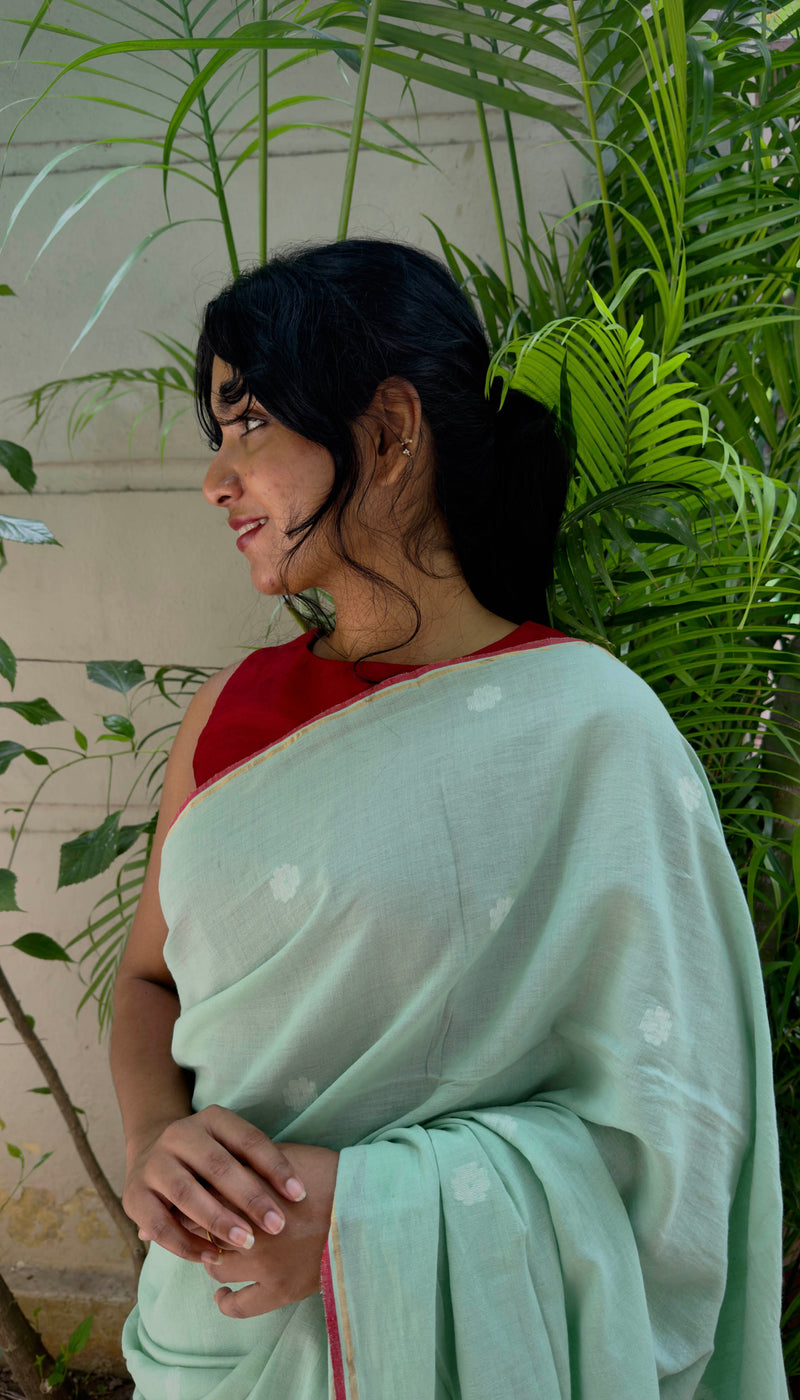 Pastel Green & White Floral - Handloom Cotton Jamdani Saree