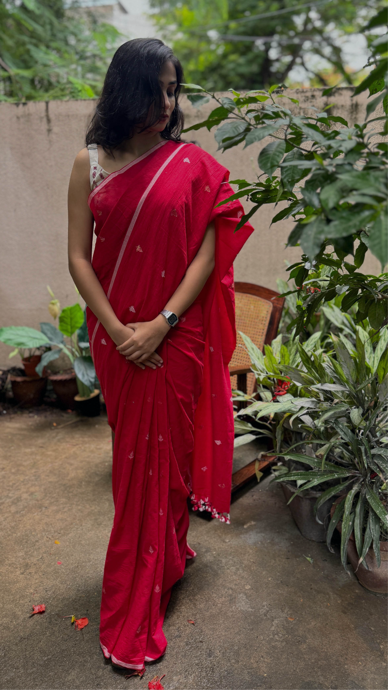 Red & White Floral - Handloom Cotton Jamdani Saree